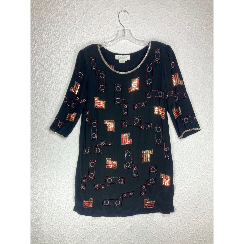 Argenti Vintage Beaded Sequin Silk Shift Dress Womens Sz 8 Black Padded Shoulder